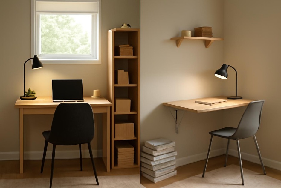 Two small home office setups: one with a permanent desk and one with a foldaway table and storage