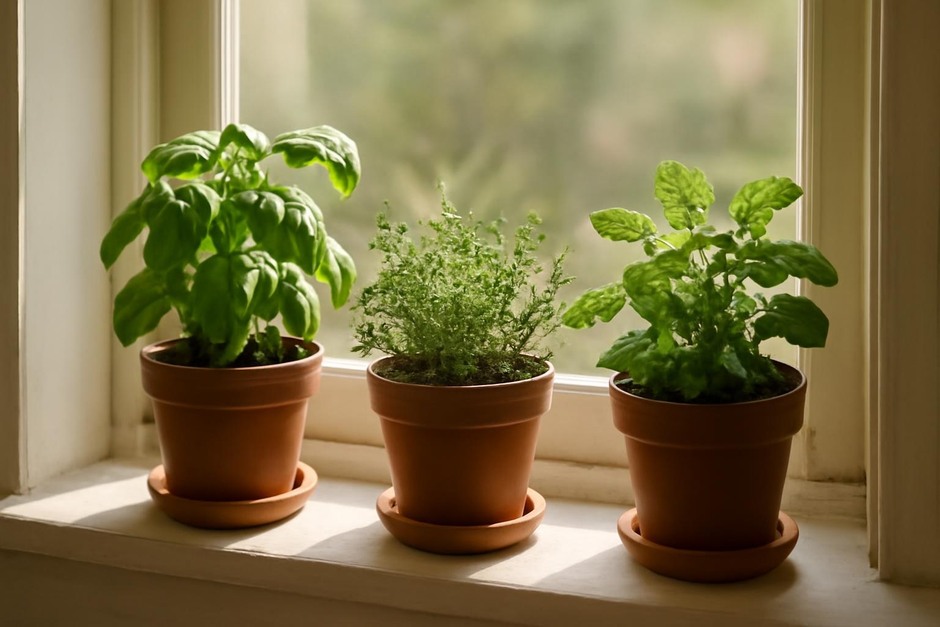 Small windowsill with pots of basil, thyme and mint in sunlight