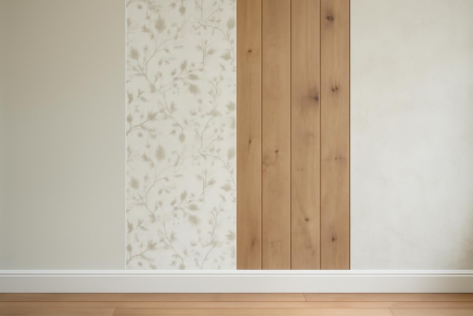 Samples of paint, wallpaper, wood and plaster finishes on interior walls