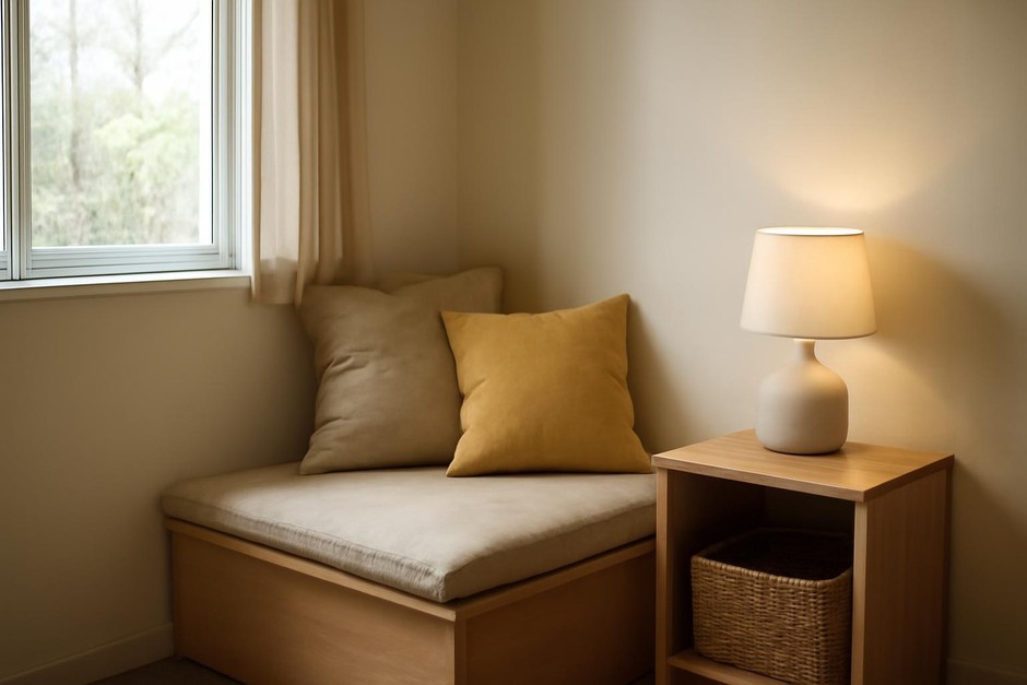 Cozy small corner with bench, cushions and a lamp