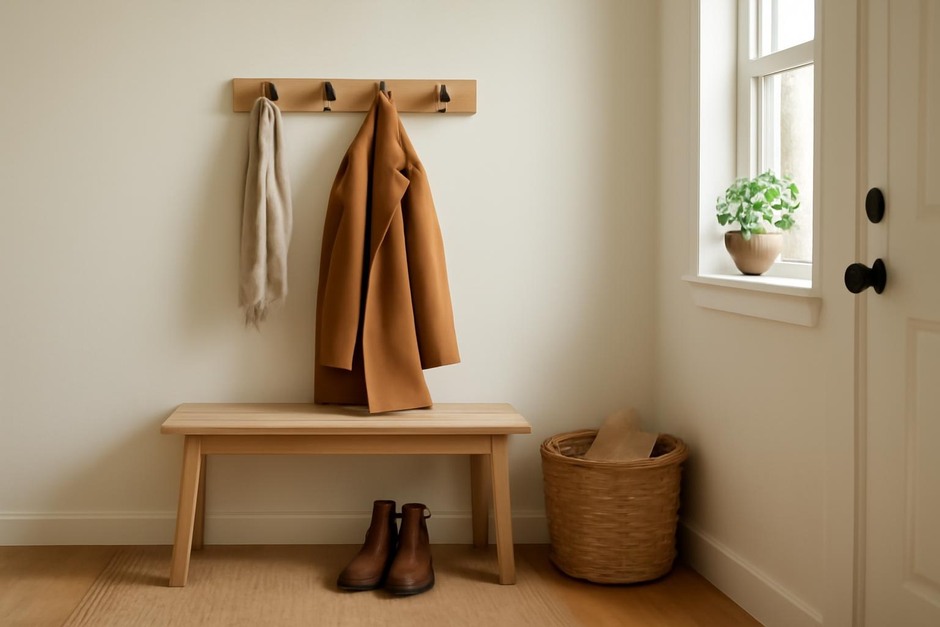 Neat small entryway with bench, hooks, and basket