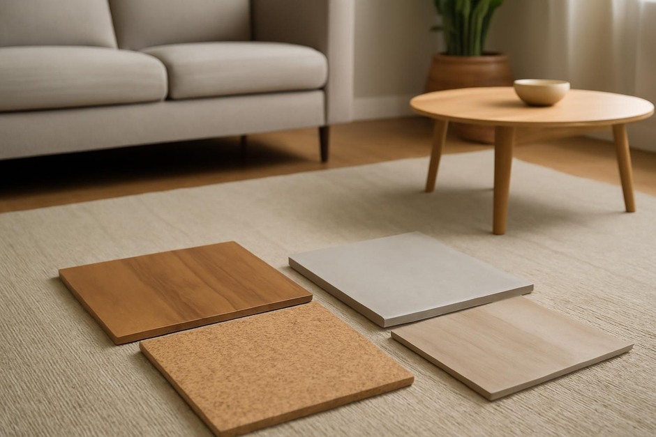 Samples of flooring materials laid out on a living room rug