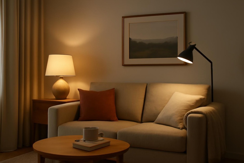 Warm layered lighting in a small living room with a focused reading lamp nearby