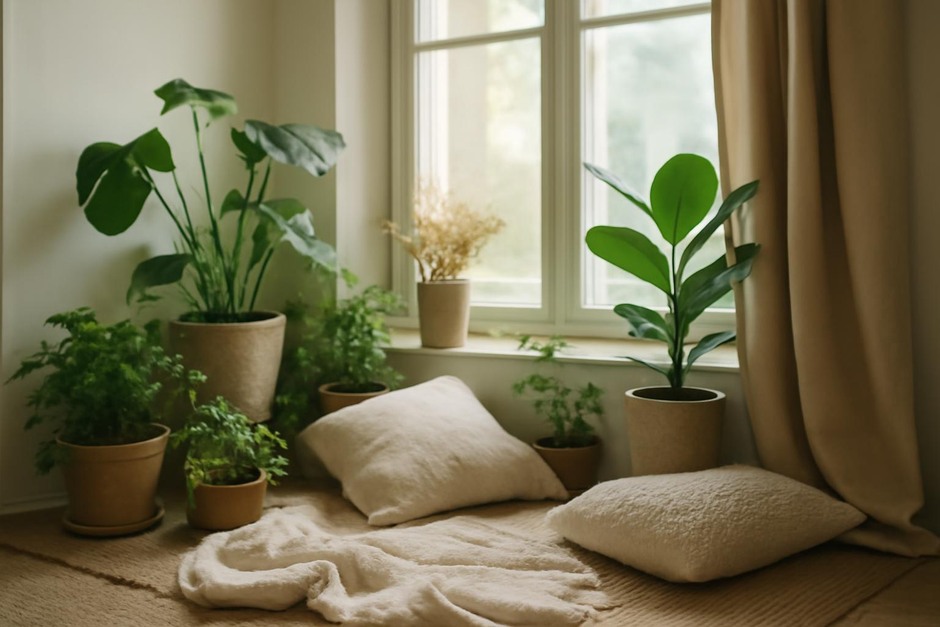 A compact indoor nature nook with plants and soft textiles by a window