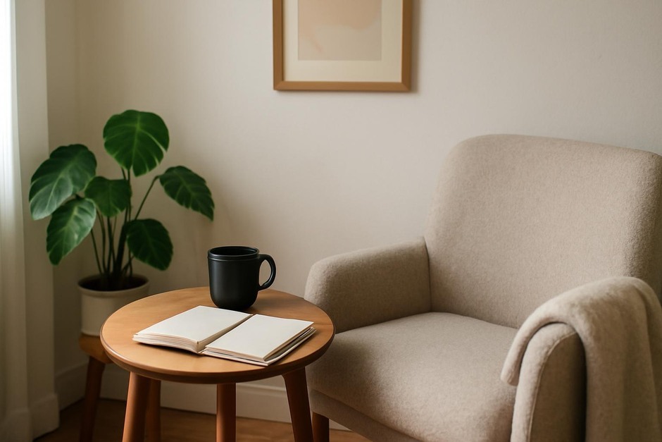 Small cozy corner with a chair, side table, plant, and journal for a morning ritual