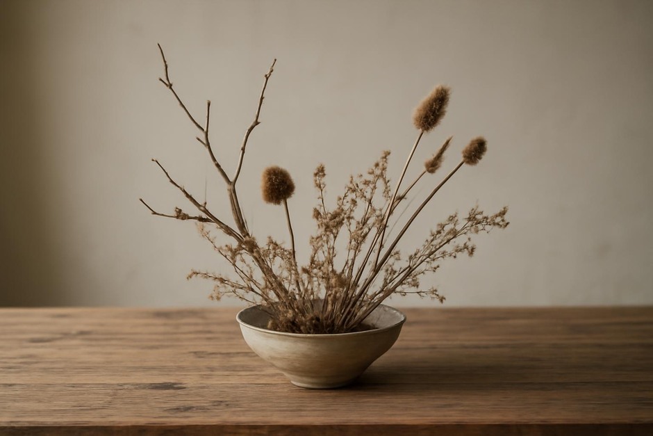 A small rustic table centerpiece made from branches, dried seedheads and a low ceramic bowl