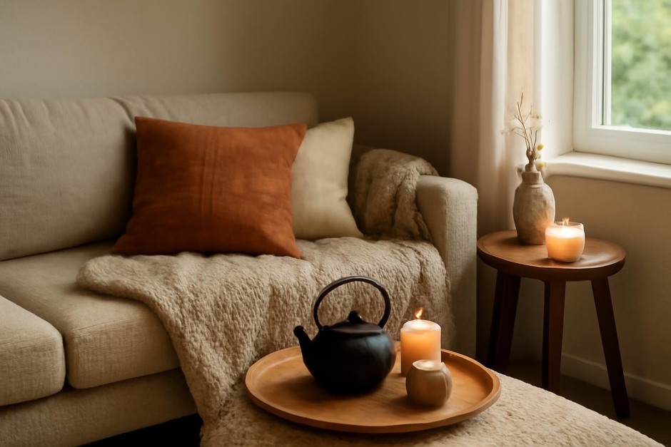 Cozy small living nook with textiles, candles, and a kettle on a tray