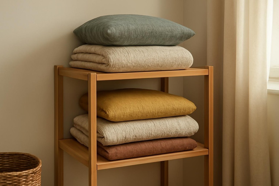 Neatly folded seasonal blankets and cushions stacked on a shelf in a small apartment