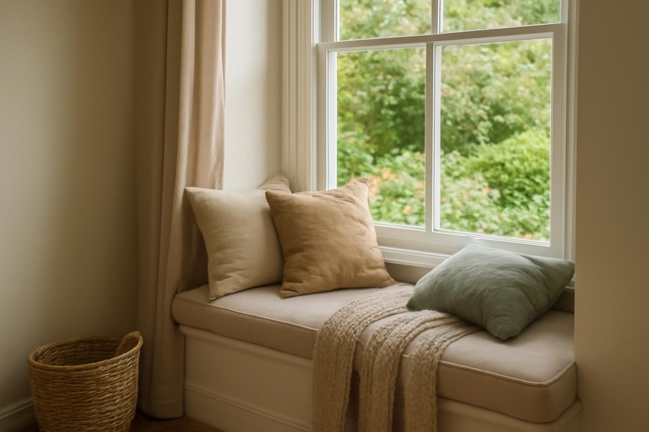 Cozy window seat with cushions and blanket overlooking a garden