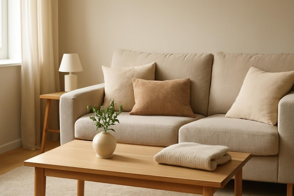 Cozy tidy living room with cushions and a small plant