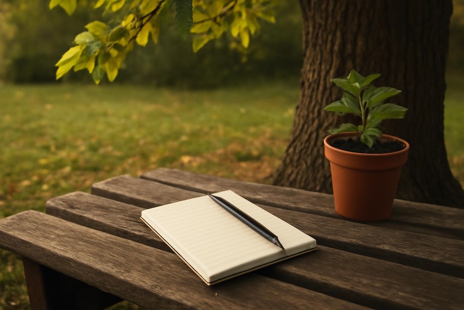 A small notebook on a bench with a pen, a potted plant, and a nearby tree in changing light