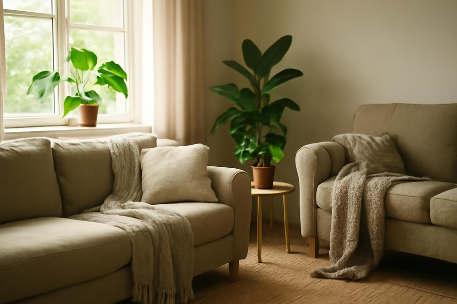 Sunlit living room with plants and soft throws to combat dampness